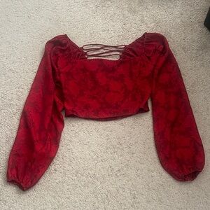 Lulu's Red Coset Cropped Puff Sleeve Blouse